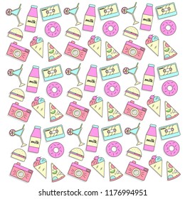 Set of girl fashion patches, stickers, cute cartoon food badges, fun stickers design vector in teenager girls concept