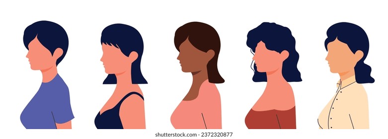 Set of girl in flat style. Vector illustration. Character. women. Power. Girls. Beauty and fashion. Care. Hairstyles. Isolated. White background. People. Women's Day. inclusion