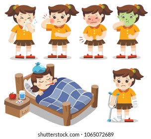 Set of A Girl get sick. She has high temperature. stomach ache , Toothache. Vector illustration