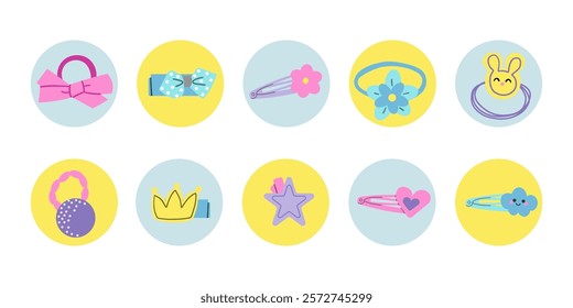 A set of girl hair accessories stickers flat style cute icons for banners, cards, flyers, social media wallpapers, etc.