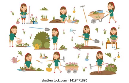 Set Girl with hair decoration gardening plants, weed beds, watering seedlings, pruning bushes and trees, working in the garden. People and garden tools. Vector illustration