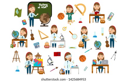 Set girl with hair decoration. Student in different lessons: science, history, sports, art, maths, English, information technology, music. Conducting experiments. Cute vector