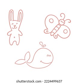 Set of Girl Hand-Drawn Elements - Bunny, Butterfly, and Whale