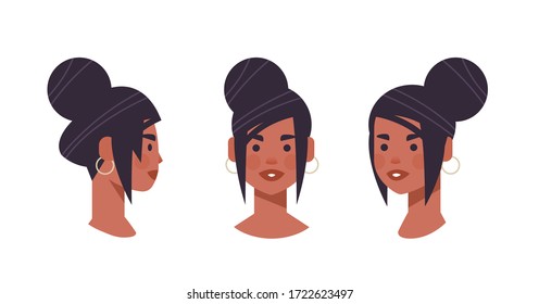 Set Girl Head Avatar Front Side View Female African American Character Different Views For Animation Horizontal Portrait Vector Illustration