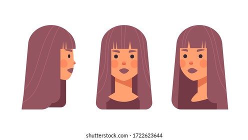 set girl head avatar front side view female character different views for animation horizontal portrait vector illustration