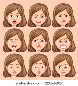 Set of girl head with different facial expression illustration