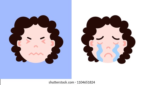 set girl head emoji personage icon with facial emotions, avatar character, crying face with different female emotions concept. flat design.