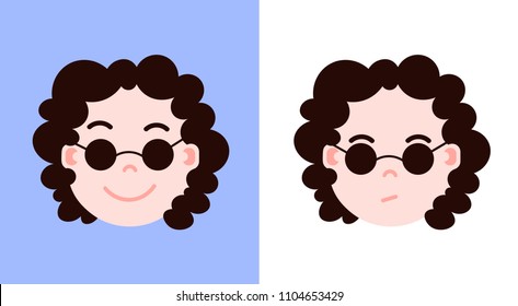 set girl head emoji personage icon with facial emotions, avatar character, glasses face with different female emotions concept. flat design.