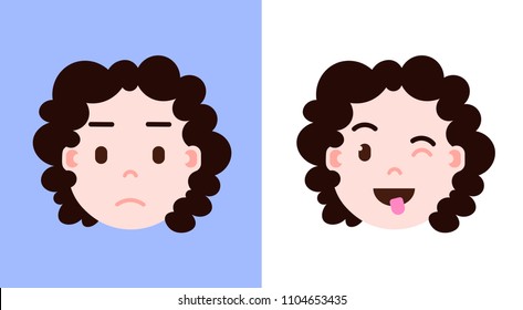set girl head emoji personage icon with facial emotions, avatar character, wink and serious face with different female emotions concept. flat design.