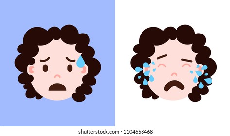 set girl head emoji personage icon with facial emotions, avatar character, crying face with different female emotions concept. flat design.
