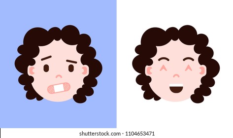 set girl head emoji personage icon with facial emotions, avatar character, shut up and grieved face with different female emotions concept. flat design.