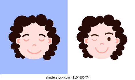 set girl head emoji personage icon with facial emotions, avatar character, wink and sleep face with different female emotions concept. flat design.