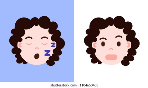 set girl head emoji personage icon with facial emotions, avatar character, girl sllep and suprised face with different female emotions concept. flat design.