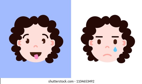 set girl head emoji personage icon with facial emotions, avatar character, smilling and crying face with different female emotions concept. flat design.