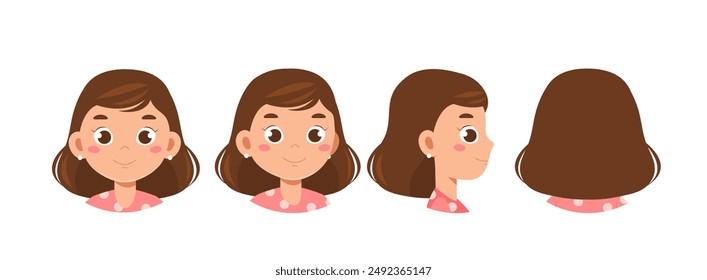 Set of girl heads. Caucasian schoolgirl from different angles of view. Pack of design elements for creating animations. Avatar for social networks. Flat vector collection isolated on white background