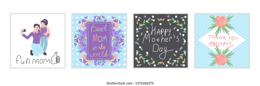 set with girl and her mom are doing selfie using a smart phone, flowers for mother's day  design template