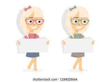 Set girl holding blank board. For web site, mobile app. Cartoon character.