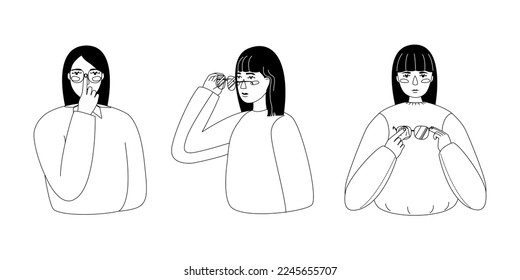 set girl holding corrects glasses, , poor eyesight, cute flat illustration, character, color, glass, optics, black and white