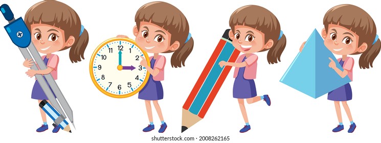 Set of a girl holding different math tools illustration