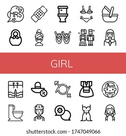 Set of girl icons. Such as Mrs, Matryoshka, Patch, Facial mask, Toilet, Ballet, Bikini, Prom night, Moses basket, Nun, Swimwear, Wc, Sun hat, Nurse, Gender fluid , girl icons