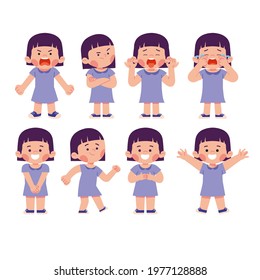 Set of girl kid child characters face expression emotion happy stress sad frustration
