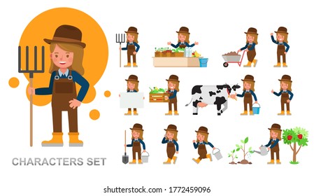 Set of girl kid farmer character vector design. Presentation in various action with emotions, running, standing and walking. 