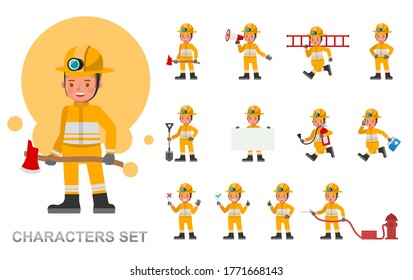 Set of girl kid Firefighter character vector design. Presentation in various action with emotions, running, standing and walking. 