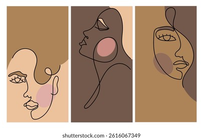 Set girl line drawing. Different colors of skin of the girl.