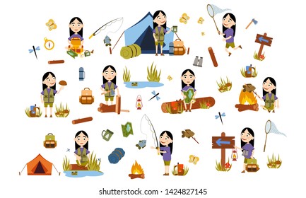 Set girl with long black hair tourist on nature. Camping. Fishing, overnight, picking mushrooms, fun and relaxation. Children's camp. Scouts. Cute Vector Illustration