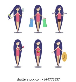 Set. Girl with long blue hair and different spheres of life.
