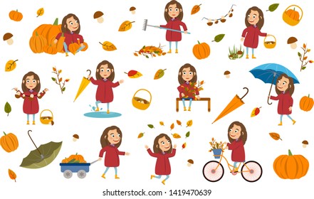 Set girl with long brown hair in an autumn jacket plays with leaves, launches a paper boat, rides a bicycle, carries pumpkins and has fun in the fall. Cute Vector Illustration