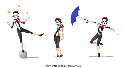 Set of girl mime performing different pantomimes drawn in cartoon style