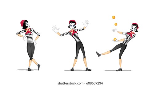 Set of girl mime performing different pantomimes drawn in cartoon style