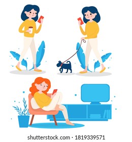 Set with a girl and a mobile phone. The girl walks the dog, drinks coffee and watches TV. Colorful vector illustration on a white background. For the site, advertising.