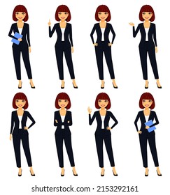 Set. A girl an office worker in a business suit. It stands in different poses. Business and finance. Character. Flat style on white background. Cartoon.
