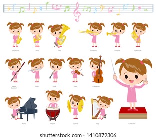 A set of girl on classical music performances.There are actions to play various instruments such as string instruments and wind instruments.It's vector art so it's easy to edit.
