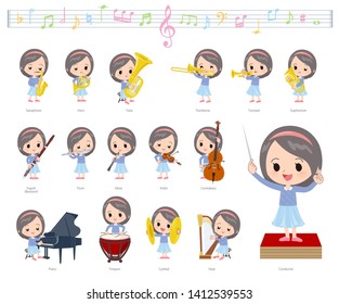 A set of girl on classical music performances.There are actions to play various instruments such as string instruments and wind instruments.It's vector art so it's easy to edit.
