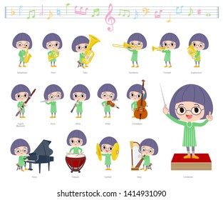 A set of girl on classical music performances.There are actions to play various instruments such as string instruments and wind instruments.It's vector art so it's easy to edit.
