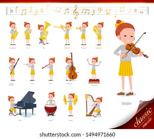 A set of girl on classical music performances.There are actions to play various instruments such as string instruments and wind instruments.It's vector art so it's easy to edit.

