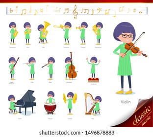 A set of girl on classical music performances.There are actions to play various instruments such as string instruments and wind instruments.It's vector art so it's easy to edit.
