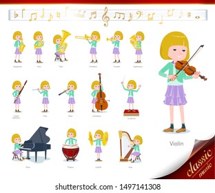 A set of girl on classical music performances.There are actions to play various instruments such as string instruments and wind instruments.It's vector art so it's easy to edit.
