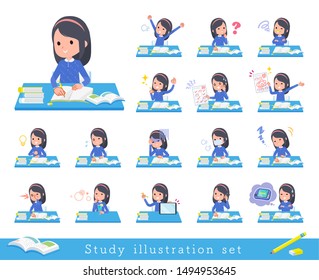 A set of girl on study.There are various emotions and actions.It's vector art so it's easy to edit.