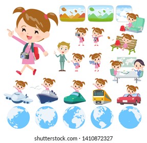 A set of girl on travel.There are also vehicles such as boats and airplanes.It's vector art so it's easy to edit.
