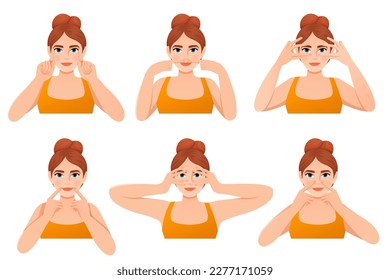 set a girl in a orange t-shirt does facial fitness exercises face yoga