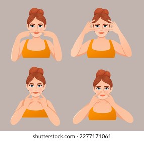 set a girl in a orange t-shirt does facial fitness exercises face yoga