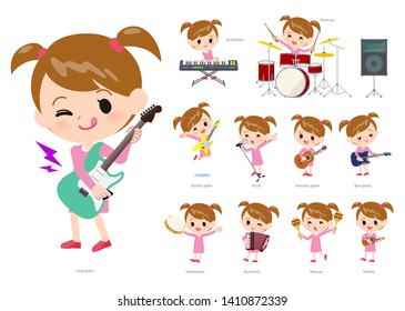 A set of girl playing rock 'n' roll and pop music.There are also various instruments such as ukulele and tambourine.It's vector art so it's easy to edit.
