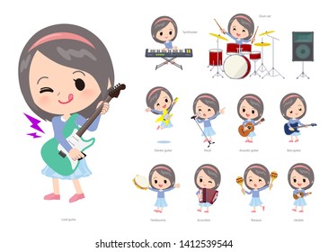 A set of girl playing rock 'n' roll and pop music.There are also various instruments such as ukulele and tambourine.It's vector art so it's easy to edit.
