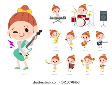 A set of girl playing rock 'n' roll and pop music.There are also various instruments such as ukulele and tambourine.It's vector art so it's easy to edit.
