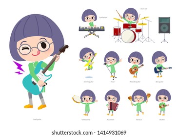 A set of girl playing rock 'n' roll and pop music.There are also various instruments such as ukulele and tambourine.It's vector art so it's easy to edit.
