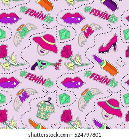 Set of girl power themed seamless pattern. 80s style. Funny and colorful girly pattern. Vector illustration for your graphic design.